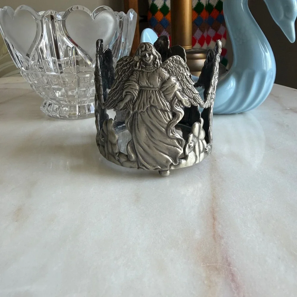 Vintage Angel Pewter Tone Metal Candle Sleeve‎ Jar Holder Celestial Decor